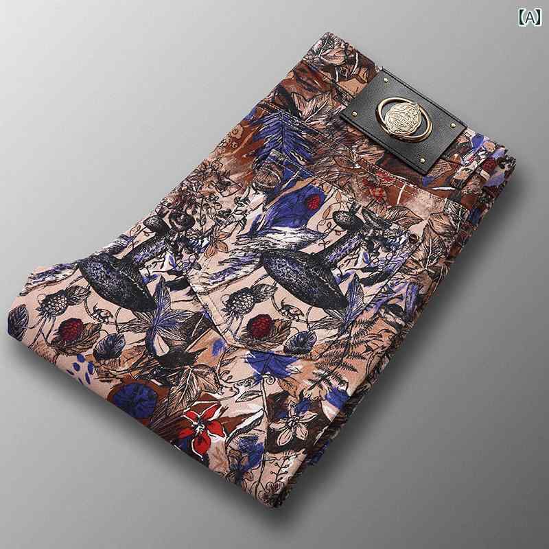 ジーンズ メンズ 春秋 ファッション プリント パンツ ハイエンド スリム フィット カラー カジュアル カラフル アジアン ユニーク 個性的 ズボン おしゃれ モダン クラシック レトロ
