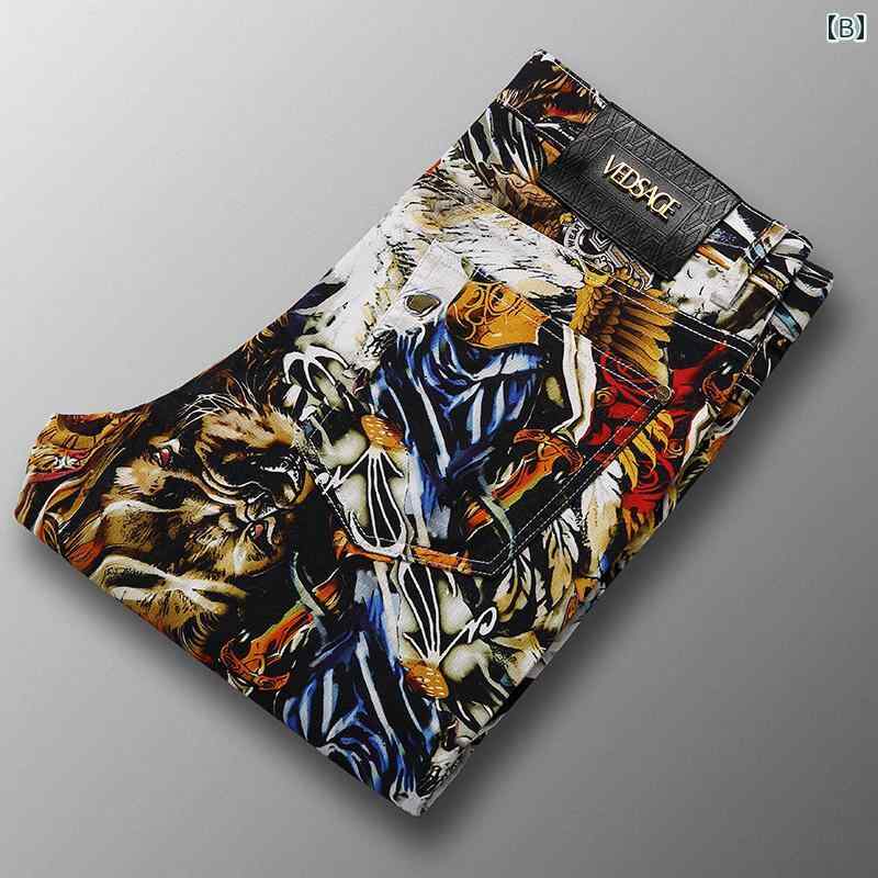 ジーンズ メンズ 春秋 ファッション プリント パンツ ハイエンド スリム フィット カラー カジュアル カラフル アジアン ユニーク 個性的 ズボン おしゃれ モダン クラシック レトロ