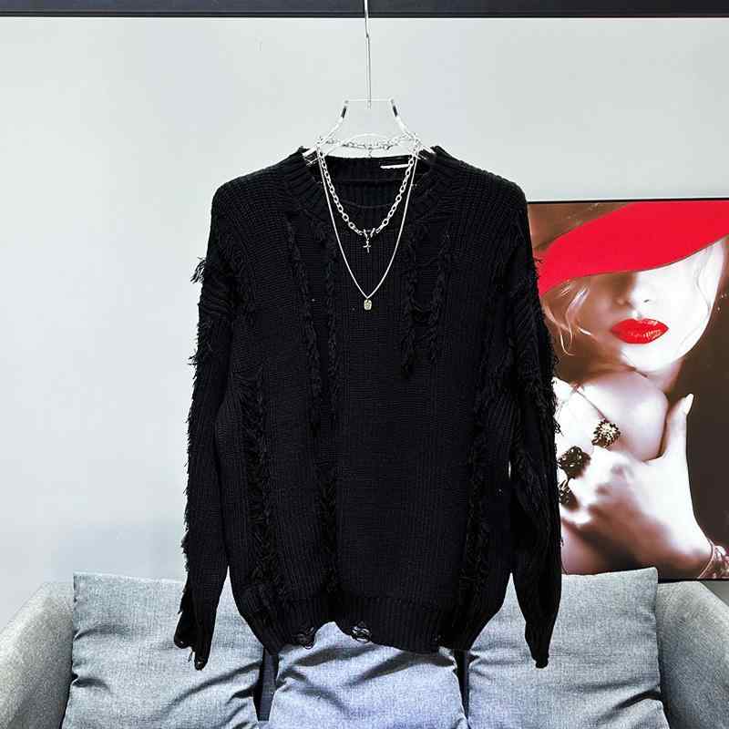 メンズ ニットセーター 韓国スタイル ラフ ダメージ加工 スタイリッシュ かっこいい 個性的 ユニーク ラウンドネック シンプル ストリートファッション