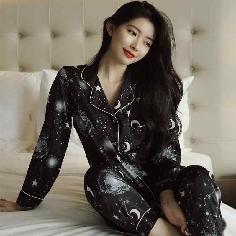 レディース パジャマ ホーム ウェア ナイトウェア 春秋 夏 冷感 薄手 魅惑的 韓国 プリント 長袖 ツーピース ホーム 服