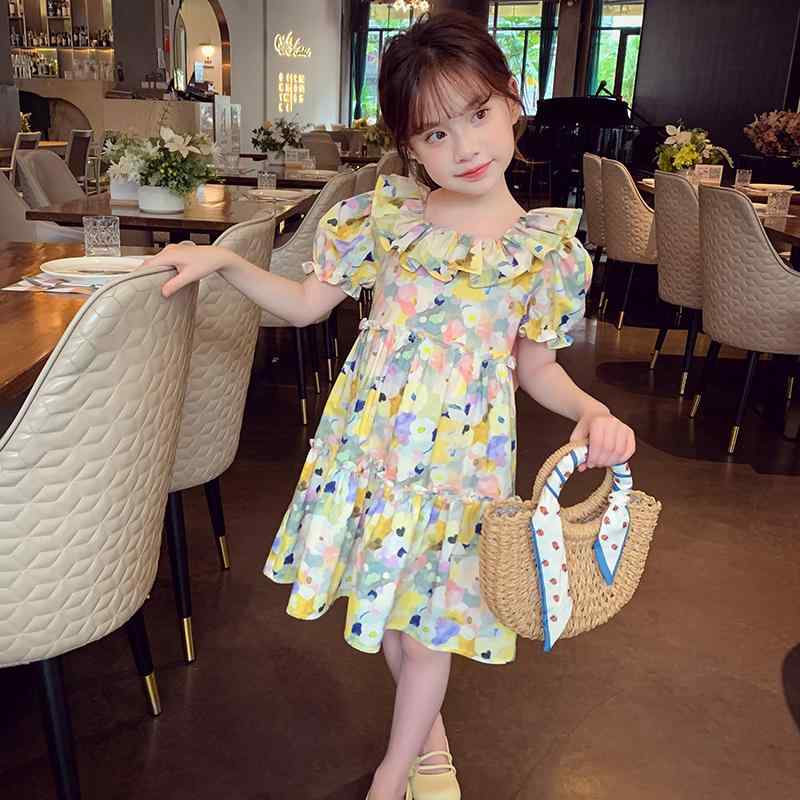 キッズファッション ドレス ワンピース ロング スカート 半袖 バック リボン 花柄 パフスリーブ かわいい プリンセス 普段着 幼児 サマーウェア 子供 夏