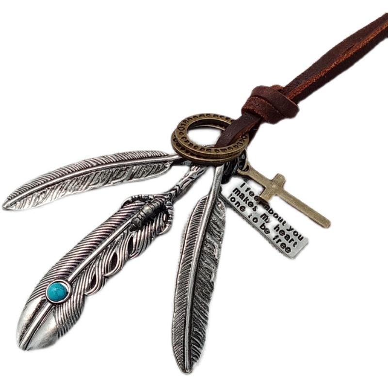 ネックレス レトロ 合金 ターコイズ フェザー ロング リーフペンダント メンズ イーグル クロー 牛革 ロープ セーター チェーン シルバー