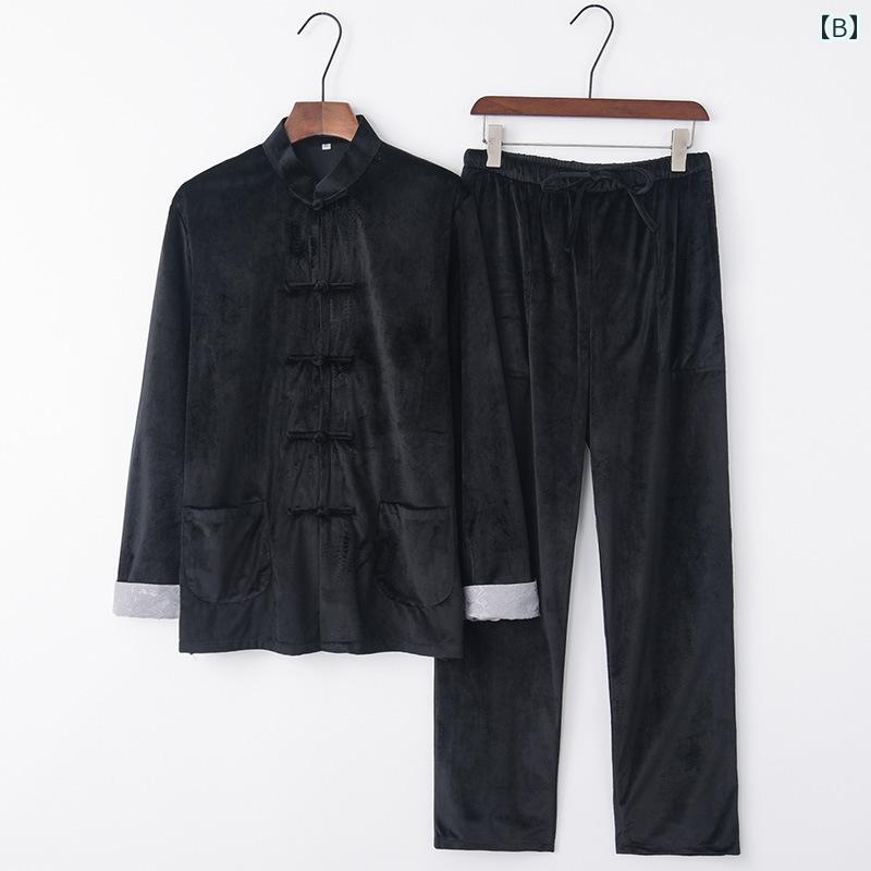 メンズ ファッション トップス シャツ スーツ セット ロング パンツ ズボン レトロ チャイナ風 唐装 男性 漢服 カジュアル 長袖