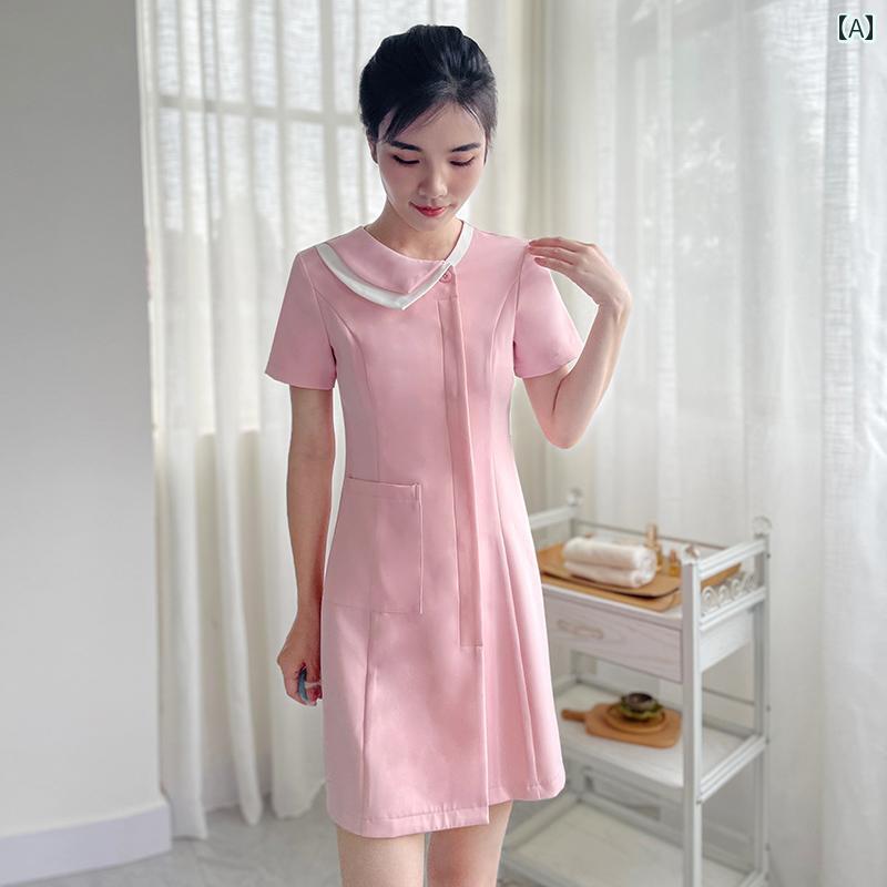 春夏 女性用 エステ 作業着 レディース 受付 Aラインスカート 美容室 ユニフォーム 技術者向け制服 半袖 保健センター フロント ハイエンド