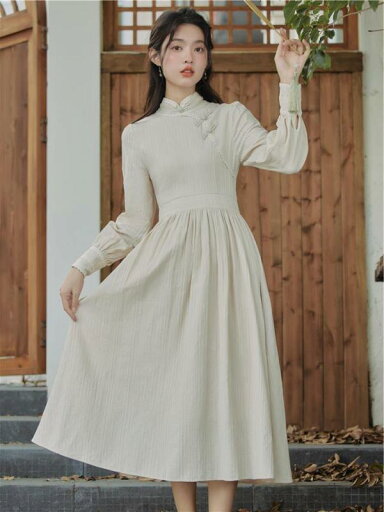 レディース チャイナ風 婦人服 チャイナドレス ハイエンド クール ドレス 長袖 ジャガード ワンピース 春秋 ベージュ 婦人服 女性用 レディース チャイナ風 婦人服 チャイナドレス ハイエンド クール ドレス 長袖 ジャガード ワンピース 春秋 ベージュ 婦人服 女性用