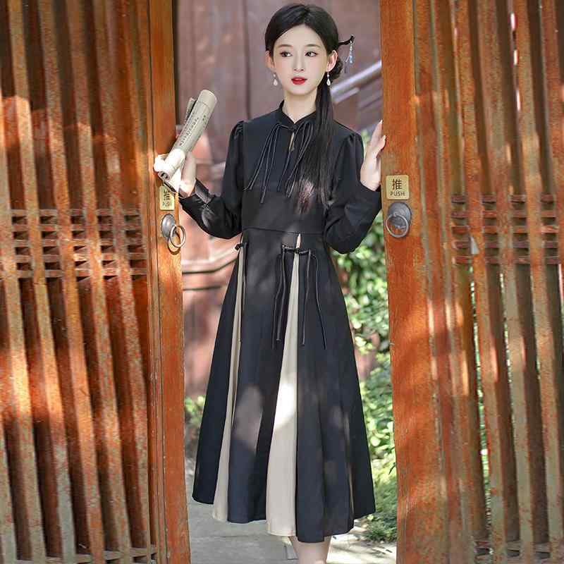 レディース ファッション チャイナ風 ワンピース スカート 春秋 大きいサイズ レトロ スリム ドレス ミモレ丈 長袖 女性用