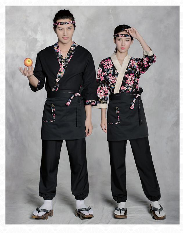 業務用 ユニフォーム 和風 シェフ 作務衣 七分袖 レストラン 寿司 ウェイター 居酒屋 和風 着物 桜 トップス