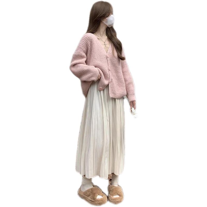 マタニティ スーツ 秋 おしゃれ フレッシュ カーディガン セーター コート お腹 サポート スカート 2点 セット 秋冬 妊婦 ファッション レディース