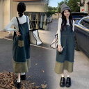 マタニティ ワンピース スーツ 春 アウター ニュー エイジ リラクシング トップス デニム サスペンダー スカート ツーピース セット ハイネック 長袖 ロン...