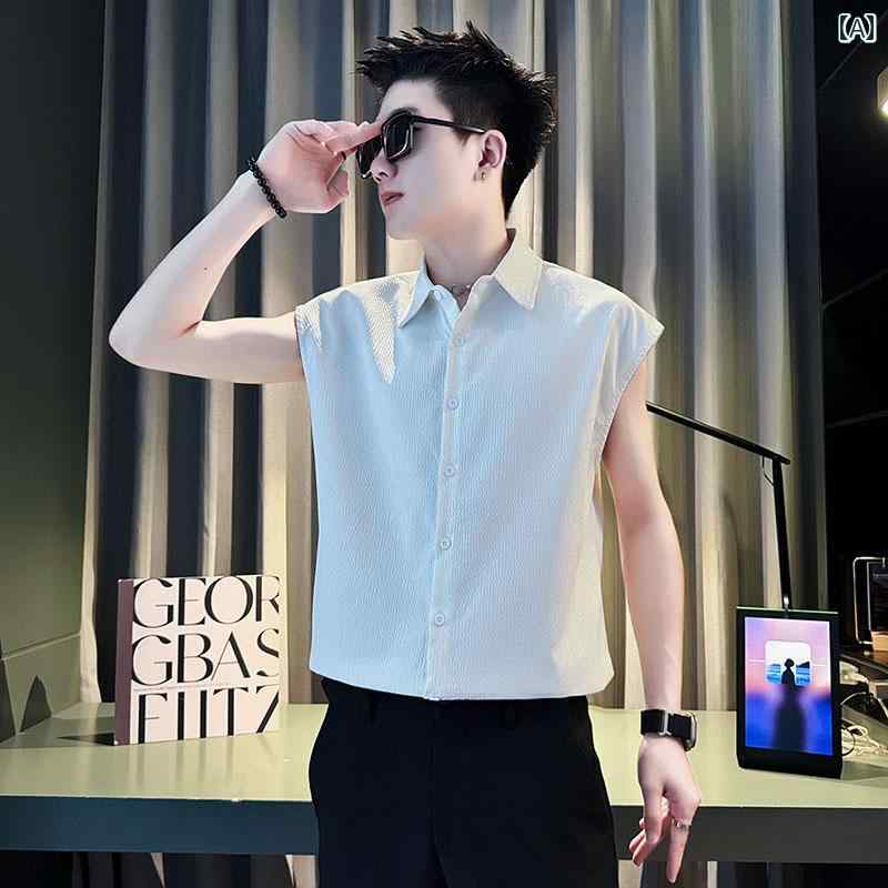 Yシャツ メンズ トップス おしゃれ ノースリーブ 夏 スリムフィット 休日 リゾート スタイリッシュ ア..