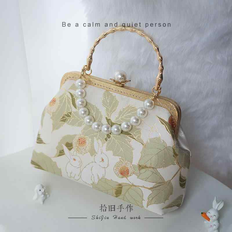 ハンドバッグ レディース レトロ ダマスク 織 明製 ウサギ 韓服 バッグ キュート ポータブル ゴールド ウェディング チャイナ ファッション(4)