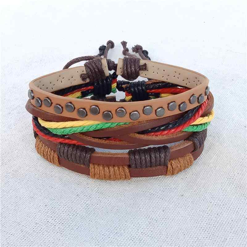 ブレスレット メンズ レディース カップル 多層 ワックス ロープ 織り レザーブレスレット 学生 プレッシャー ネイル ブレスレット レトロ ジュエリーセット アクセサリー 夏