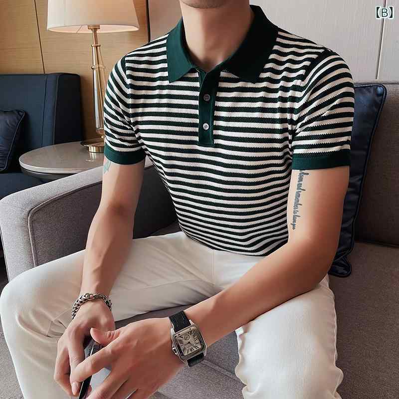 メンズ 半袖 ポロシャツ ストライプ スリムフィット セーター トップス 夏 薄手 冷感 半袖 T シャツ 紳士 ビジネス レジャー ファッション