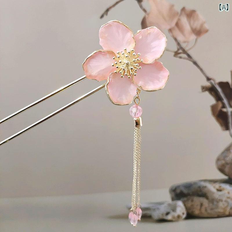 かんざし おしゃれ レディース ヘア アクセサリー 髪飾り レトロ ピンク 桃 花 タッセル ヘアピン 頭飾り ヘア エスニック