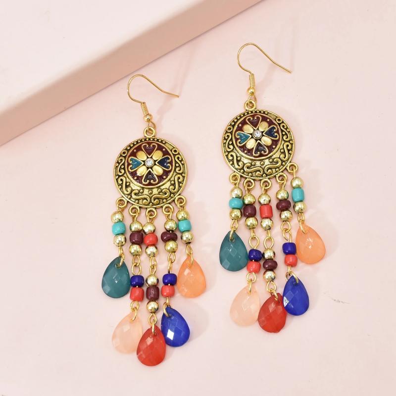 ピアス ボヘミアン エスニック ペンダント アクリル ビーズ ロング タッセル イヤリング 女性 合金 チベット ジュエリー ネパール