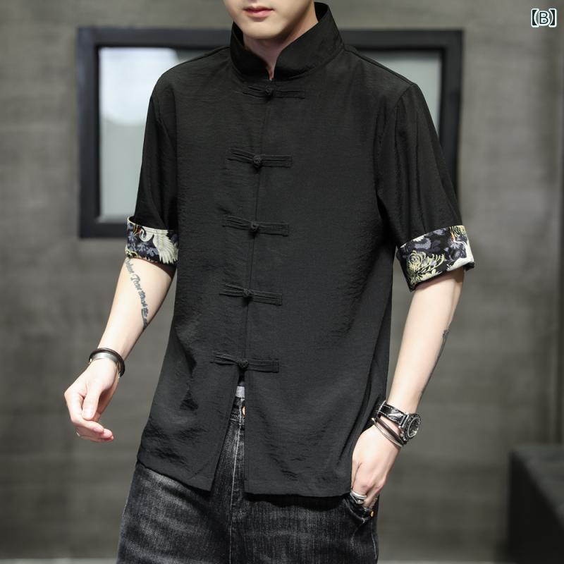 男性 夏 チャイナ風 五分袖 半袖 メンズ 中国風 レトロ 唐服 漢服 冷感 チュニック 薄手 ゆったり スプライシング