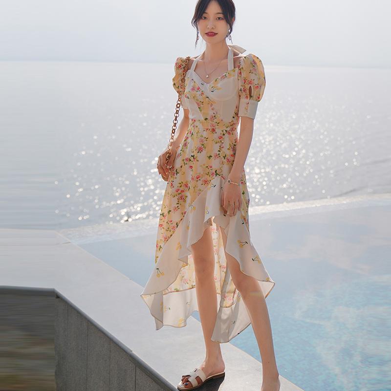 ドレス ワンピース レディース おしゃれ ファッション ローズ ステージ パフォーマンス 黄色 花柄 イレギュラーヘム ボヘミアン ジッパー フリル プリント