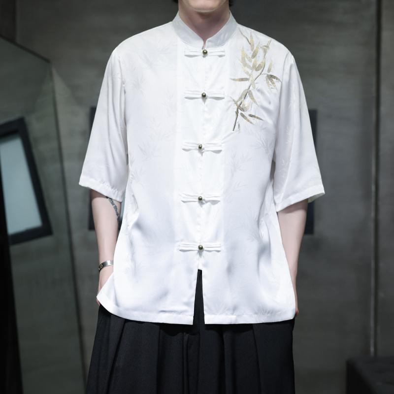 チャイニーズ スタイル メンズ チャイナ風 唐装 銅 バックル 竹 葉 刺繍 冷感 半袖 薄手 シャツ 夏 レ..