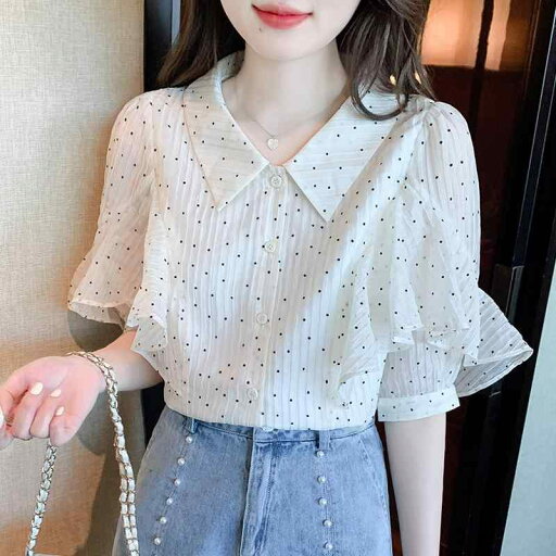 シャツ ブラウス トップス レディース おしゃれ ファッション 夏 半袖 シフォン スリム シック 薄手 ドット かわいい 水玉 大きいサイズ フリル シャツ ブラウス トップス レディース おしゃれ ファッション 夏 半袖 シフォン スリム シック 薄手 ドット かわいい 水玉 大きいサイズ フリル