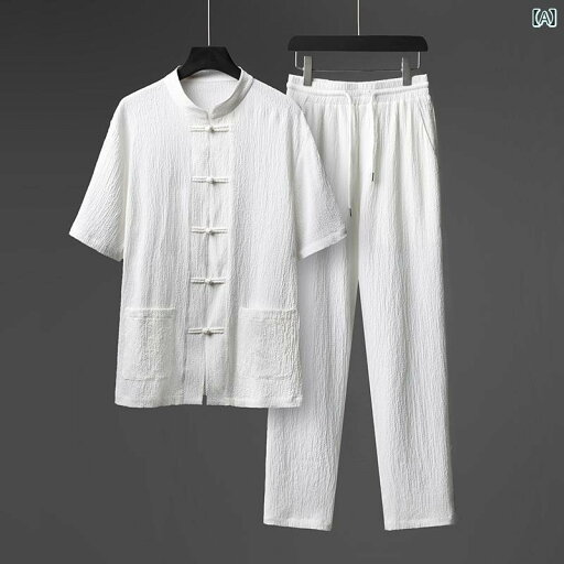 メンズ 夏 チャイナ風 カジュアル ツーピース ロングパンツ 薄手 通気性 シャツ 半袖 唐 中国風 チュニック 男性 2点セット シンプル メンズ 夏 チャイナ風 カジュアル ツーピース ロングパンツ 薄手 通気性 シャツ 半袖 唐 中国風 チュニック 男性 2点セット シンプル