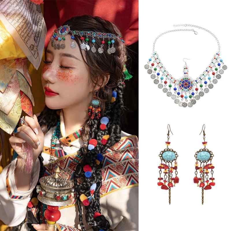 ウイグル レトロ 額 チェーン チベット エスニック イヤリング 少数 民族 旅行 写真 ヘア アクセサリー 雲南 麗江