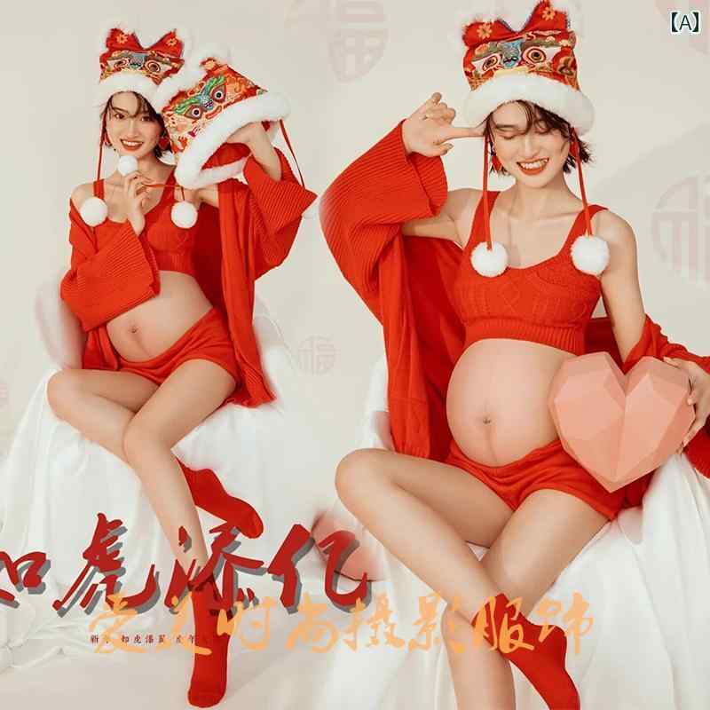 マタニティ フォト 衣装 おしゃれ 記念 フォト スタジオ 妊婦 赤 お祝い 写真 撮影 アート ニット セット フリーサイズ レッド かわいい