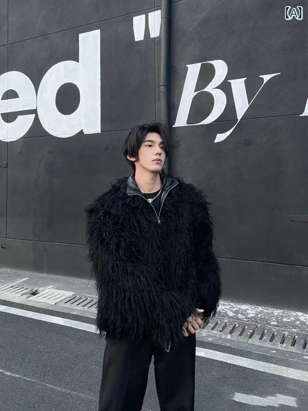 コート メンズ フェイク フォックス ファー ラムスキン 厚手 コート 冬用 カジュアル おしゃれ 韓国系 シンプル スタンドカラー