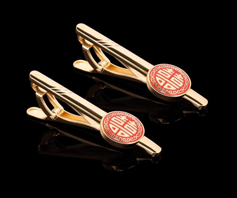 ネクタイピン ゴールド 赤 クリップ 中国柄 喜文字 結婚式 パーティー イベント 華やか モダン 伝統 文..