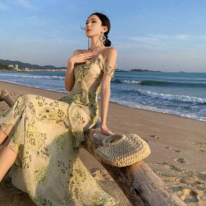 ワンピース レディース 大人 リゾート フランス フリル プリント バイアスカット フィッシュテール ドレス 夏 ドレス ロング スカート