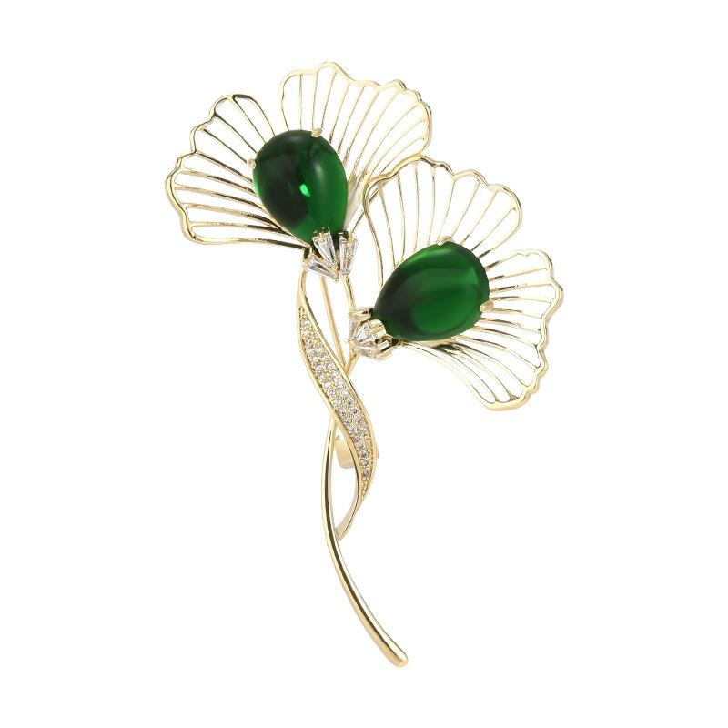 ブローチ 卒業式 入学式 ハイエンド ゴールド メッキ エメラルド イチョウの葉 ジャケット コート コサージュ 衣類固定 ピン アクセサリー 女性