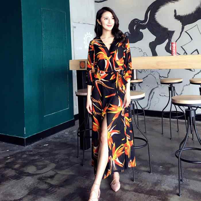 サマー ファッション おしゃれ ドレス スリム ラップ ドレス ボヘミアン ロング ドレス スリット 七分袖 ビーチ ドレス タイ 海辺 休暇