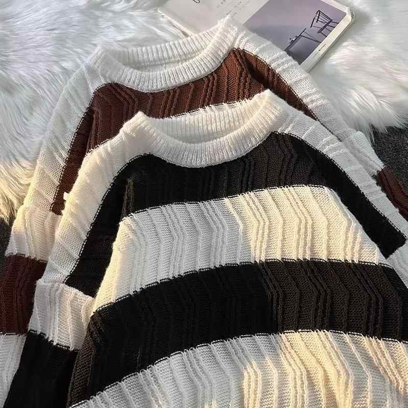 セーター 秋冬 コント ラスト ストライプ セーター メンズ ファッション カジュアル プルオーバー BF ..
