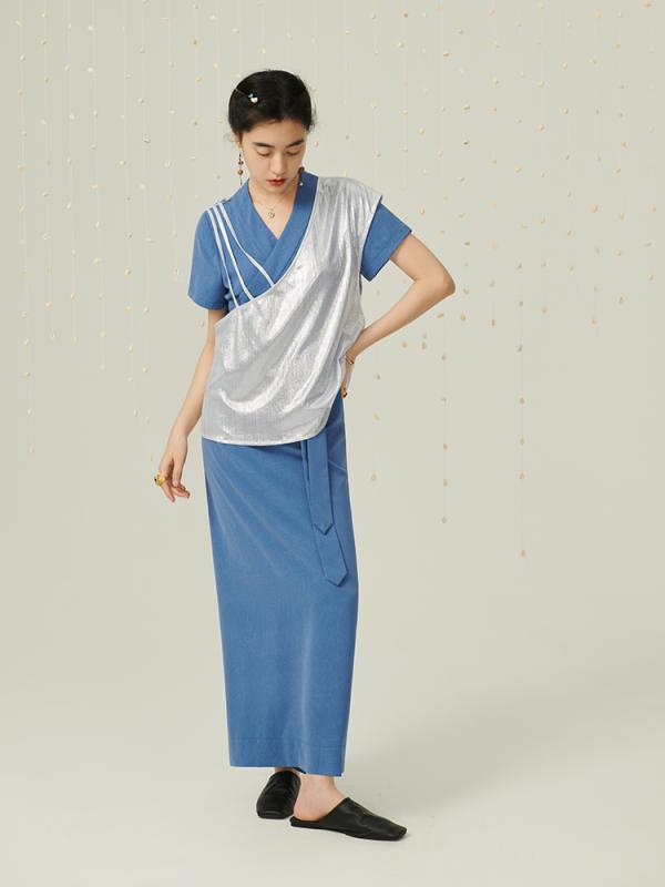 ワンピース スカート レディース おしゃれ ファッション シンプル ブルー グリーン 夏 チャイナ風 漢服 レトロ チベット風 コットン ベスト