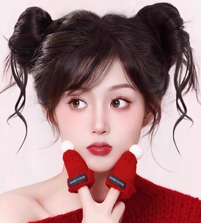 ウィッグ おしゃれ ダブル ボール ヘッド ウィッグ 女性 ふわふわ ヘア バッグ ガール 髪型 おだんご ..