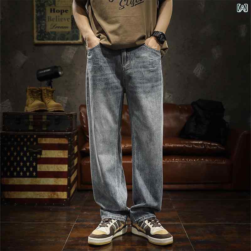 デニムパンツ アメリカン ストリート レトロ メンズ ジーンズ スクラッチ カジュアル パンツ ウォッシュド ストレート ロング オールシーズン