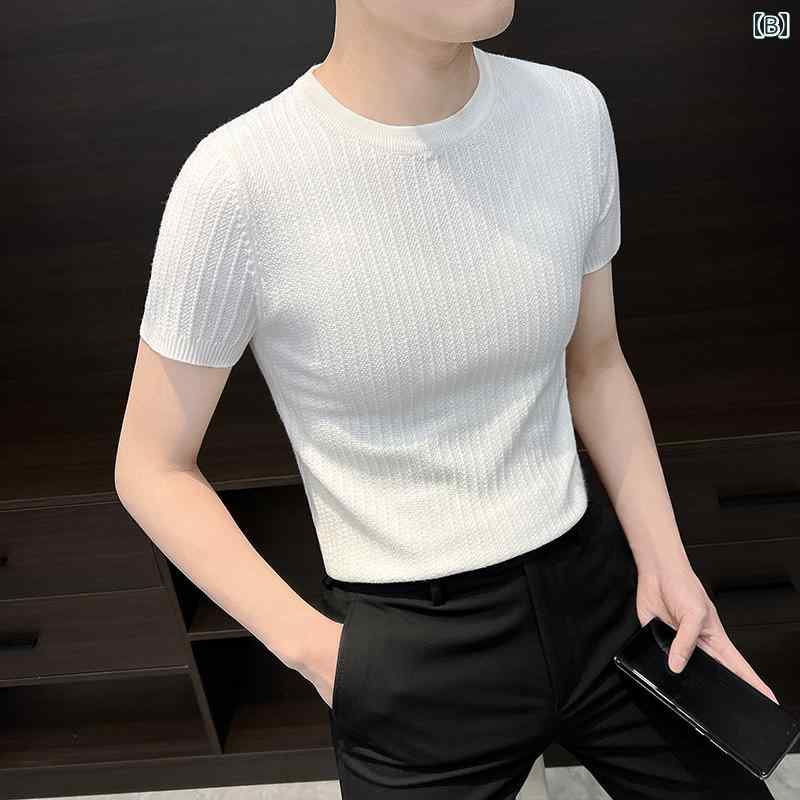 シャツ トップス メンズ ストライプ ニット 半袖 快適 Tシャツ プルオーバー ファッション 春秋 スタイル 高級感 スリムフィット レイヤリング カジュアル スタイリッシュ コーディネート