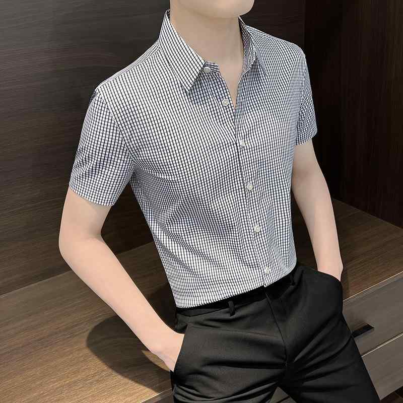 チェック柄 メンズ ファッション 半袖 シャツ トップス 夏 冷感 薄手 快適 ビジネス スリムフィット 軽量 高級感 日常使い カジュアル クラシック モダン