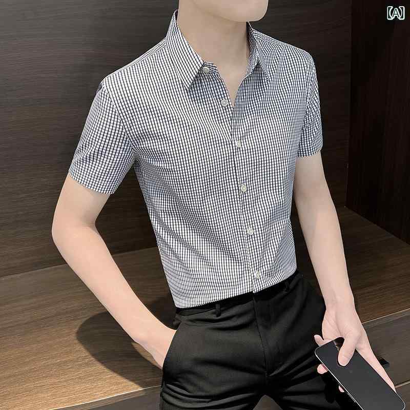 チェック柄 メンズ ファッション 半袖 シャツ トップス 夏 冷感 薄手 快適 ビジネス スリムフィット 軽量 高級感 日常使い カジュアル クラシック モダン