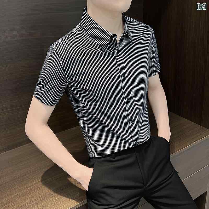 チェック柄 メンズ ファッション 半袖 シャツ トップス 夏 冷感 薄手 快適 ビジネス スリムフィット 軽量 高級感 日常使い カジュアル クラシック モダン