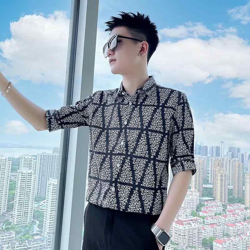 メンズ ファッション 五分袖 冷感 快適 フラワー 夏 スタイル 薄手 半袖 シャツ トップス カジュアル ..
