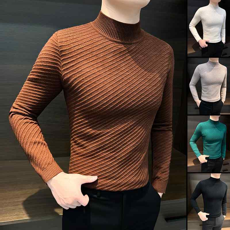 Tシャツ ストライプ トップス 長袖 プルオーバー ハーフハイネック カジュアル セーター カットソー 春秋 メンズ 男性 紳士 スリムフィット 軽量 柔らかい 通勤 オフィス 普段使い