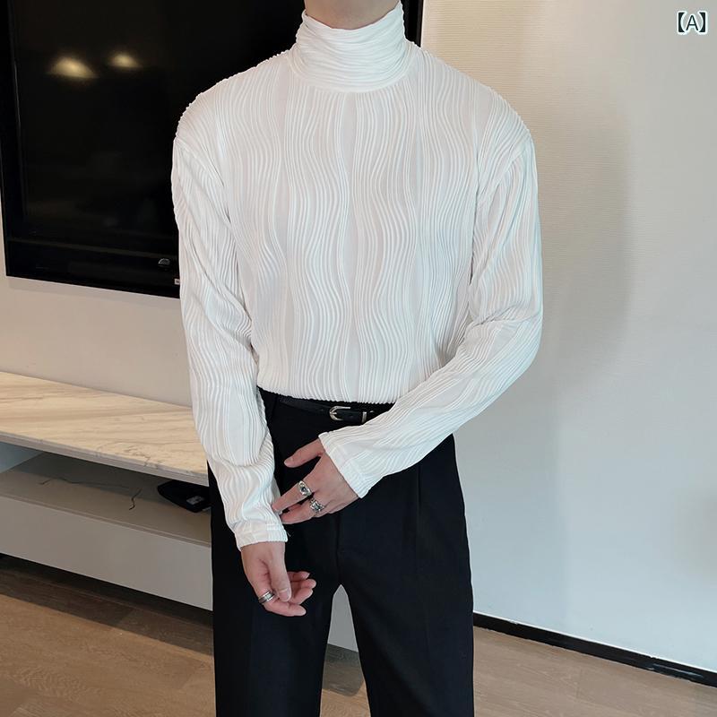 シャツ トップス メンズ ファッション ハイネック 韓国 スタイル ストライプ ジャカード 高級 長袖 シャツ エレガント スタイリッシュ デイリー カジュアル