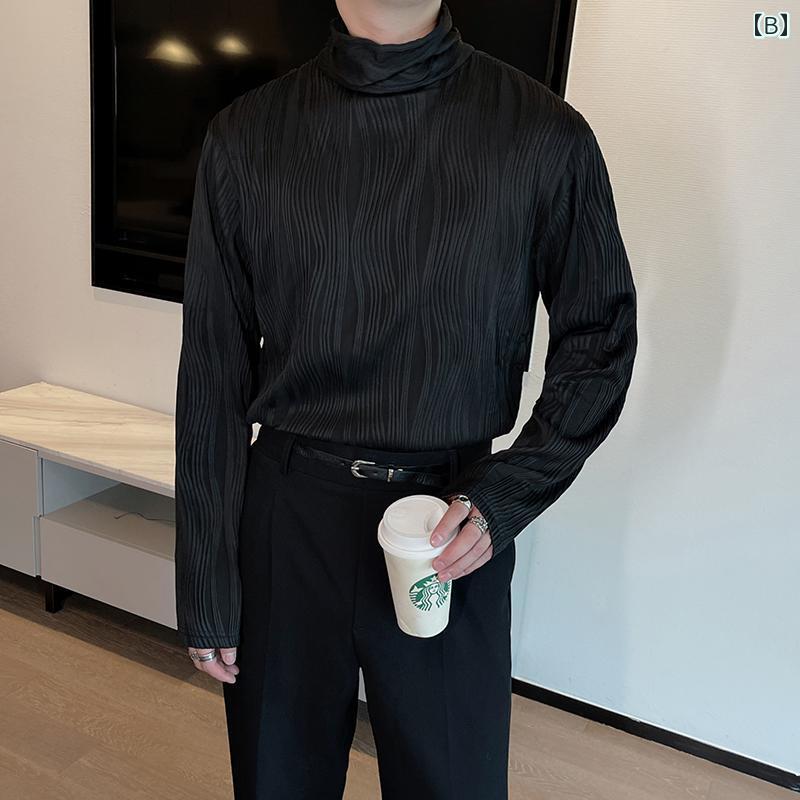 シャツ トップス メンズ ファッション ハイネック 韓国 スタイル ストライプ ジャカード 高級 長袖 シャツ エレガント スタイリッシュ デイリー カジュアル