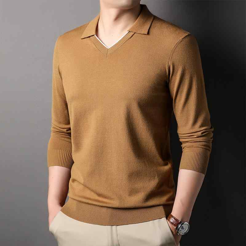 Tシャツ 無地 ニット トップス 長袖 プルオーバー Vネック カジュアル 薄手 レイヤリング セーター 春秋 メンズ 男性 紳士 スリムフィット 軽量 柔らかい 通勤 オフィス 普段使い