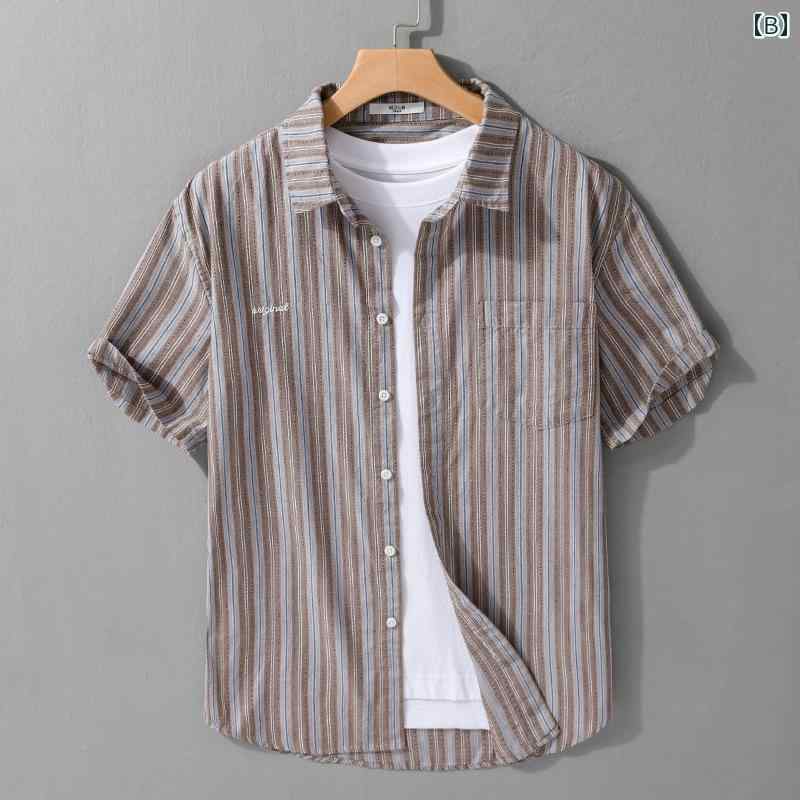 夏 ストライプ 半袖 シャツ メンズ カジュアル ゆったり 薄手 トップス レトロ 通気性 シンプル ラフ ホワイト 白 ブラウン 茶