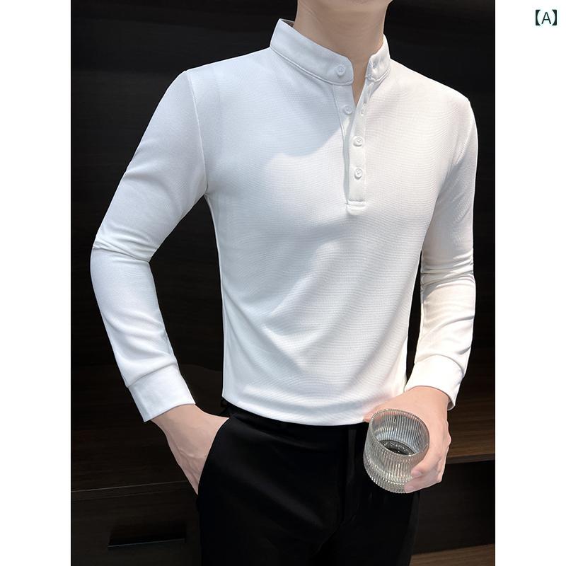 ポロシャツ メンズ 春秋 長袖 スタンドカラー カジュアル ハイエンド スタイリッシュ チャイナ風 ファッション 紳士服 Tシャツ
