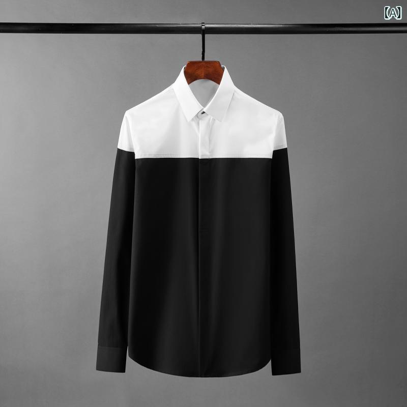 シャツ トップス メンズ 黒と白 ステッチ 春 カジュアル ファッション シャツ 男性用 長袖 スリム ビジ..