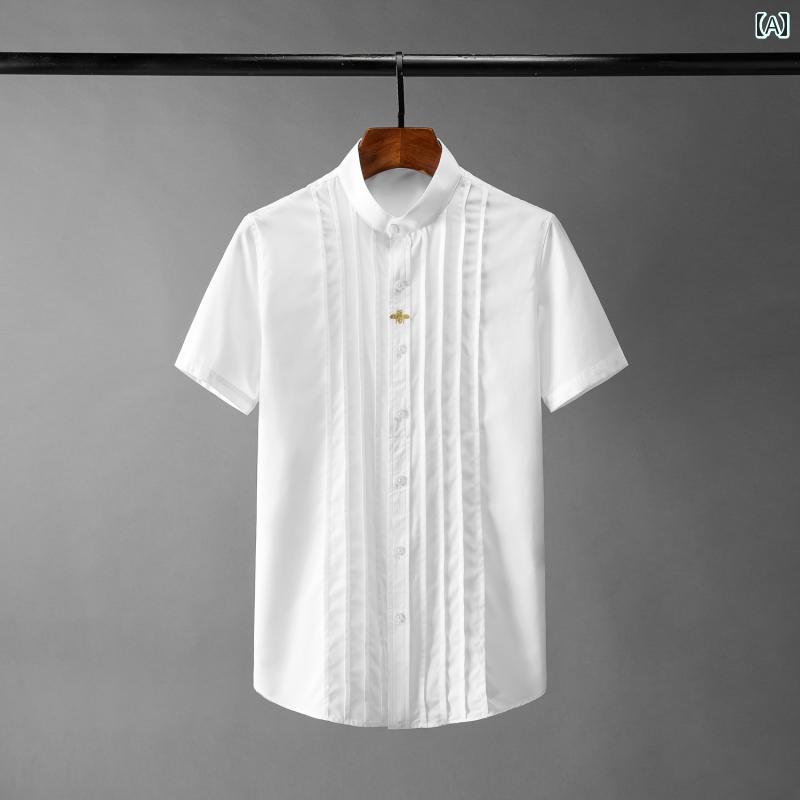 シャツ トップス メンズ 夏 プリーツ 前立て シャツ スリム スタイリッシュ カジュアル モダン ビジネス 半袖 男性用 黒 紳士服