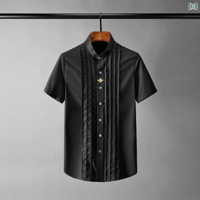シャツ トップス メンズ 夏 プリーツ 前立て シャツ スリム スタイリッシュ カジュアル モダン ビジネス 半袖 男性用 黒 紳士服