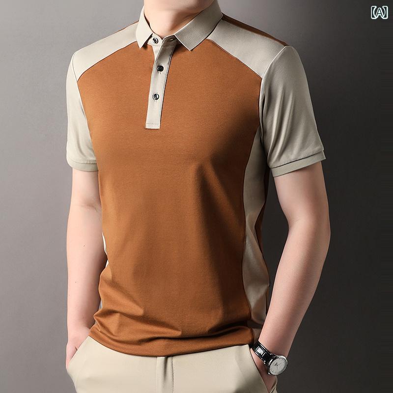 ポロシャツ 夏 コットン 半袖 Tシャツ メンズ ファッション コントラストカラー ステッチ レジャー 男性用 トップス 中年 カジュアル ラペル